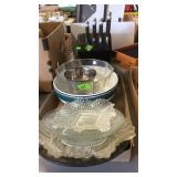 SILVER TRAY, GLASSWARE BOWLS & KNIFE BLOCK W/