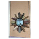 MULTI COLORED DISTRESSED WOOD ROUND BEVELED MIRROR