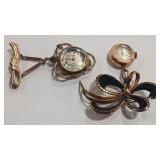 2 - BROOCHES W/ VTG CRAWFORD & LUNETTE WATCHES