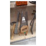 2 CROW BARS, 3 HAND SAWS, LEVEL AND 2 HAMMERS