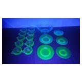 URANIUM CUPS SAUCERS & PLATES W/ GREEN DEPRESSION
