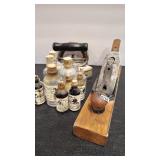 2 - SAD IRONS  APOTHOCARY BOTTLES & WOOD PLANE