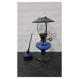 COBALT KEROSENE LAMP & INKWELL W/ PEN