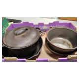 TWO CAST IRON POTS & TWO PANS