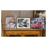 2 - FRAMED CAR POSTERS & AMTRAK TRAIN