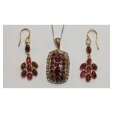 925 GOLD TONE GARNET COLOR EARRINGS & NECKLACE