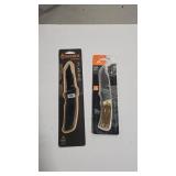 2 POCKET KNIVES & 2 FIXED BLADE KNIVES W/LEATHERS