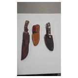 3 FIXED BLADE KNIVES WITH LEATHER SHEATHS