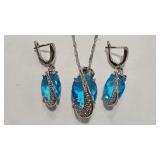 BLUE TOPAZ COLOR COLOR 925 NECKLACE & EARRINGS