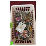 PLASTIC BASKET W/ BASEBALL PINS, BROOCHES, COSTUME