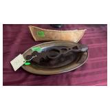 BIRCH BARK CANOE, COPPER TRAY & WOOD CARVVED LOVE
