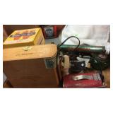 GARDEN SPRAYER, VINTAGE HEAD LAMP, 2 FISHING REELS