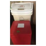 RED FOOT OPERATED WASTE CAN & 3 POLY TRASH CANS