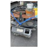 WOOD PICNIC TABLE, HOSE, ANTIQUE BUCKETS, TOW BAR