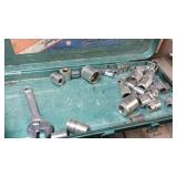 WOODEN BOX W/ NIPPERS, TOOLS & PARTIAL SOCKET SET