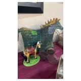 WOODEN HORSE PULL TOY, CERAMIC HORSE & WIRE BOOT