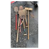 GROUP OF SHOVELS, SPUD FORK & BROOM