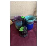 2 CERAMIC COFFEE MUGS & CRANBERRY GLASS BELL