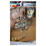 CARVED STONE OWL, COLLECTOR SPOONS & CARVED WOOD
