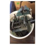 BUCKET W/ DRILL BITS, 2 CLA,P ON VISES