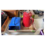 RED GRANITE COFFEE POT & HUCKLEBERRY PICKER