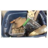 BLUE TOTE W/ SAWS, TOOLS & MISC
