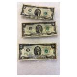 THREE 1976 SERIES TWO DOLLAR BILLS