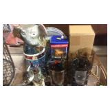 GLASSES, SHOT GLASSES, WHISKEY BOTTLE & MISC