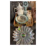 OPALECENT DISH & BOX W/ FIGURINES & MISC