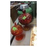 2 AMBERINA GLASS COVERED CANDY DISHES