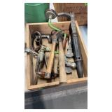 WOOD BOX W/ NAIL PULLER, HAMMERS, MONKEY WRENCH