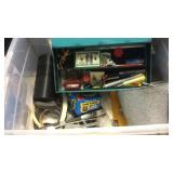 TOTE OF MISC ITEMS, PAINT ROLLER, BRAIDED HOSE,
