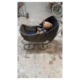 VINTAGE WICKER BABY CARRIAGE & BEAR