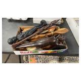 BOX OF WOOD CARVINGS, NUT CRACKER, WOODEN UTENSILS