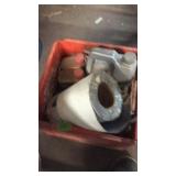 RED CRATE W/ LUBRICANTS, SCREWS, CONSTRUCTION TAPE