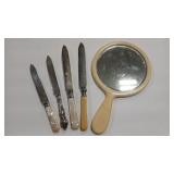 BAKELITE & MOP VICTORIAN ETCHED BLADE KNIVES &