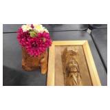 WOOD CARVED WALL SCULPTURE & LOG VASE
