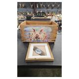 PAINTED WOOD CRATE & FRAMED FEATHER