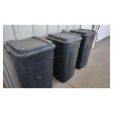 3- 50 GALLON RUBBERMAID ROUGHNECK TRASH BINS