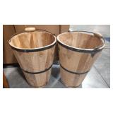 2- RUSTIC WOODEN BUCKETS MISSING BOTTOM BANDS
