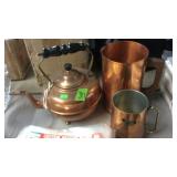 COPPER TEA KETTLE & 2 COPPER MUGS