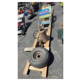 GROUP W/ LADDER, POST HOLE DIGGER, TRAILER TIRE &