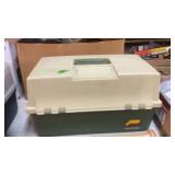 GREEN & TAN PLANO TACKLE BOX WITH REELS AND MISC.