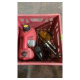 BASKET W/ CHAINSAW SHARPENERS, FUEL CAN & MISC