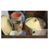 BX W/ VASE, GRANITE WARE PLATES, CHEESE BOARD,