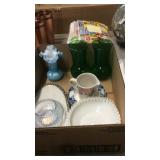 RUFFLED EDGE MILK GLASS DISH, 2 GREEN VASES &