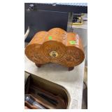 HAND CARVED WOOD JEWELRY BOX W/ COMPASS & MISC