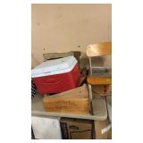 GROUP W/ RED COOLER, WOODEN CRATES & MSIC