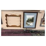 WOOD WALL GUN RACK & FRAMED RIVER WATERCOLOR