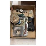BELT BUCKLES, FOLDING KNIFE, SEIKO WRIST WATCH &